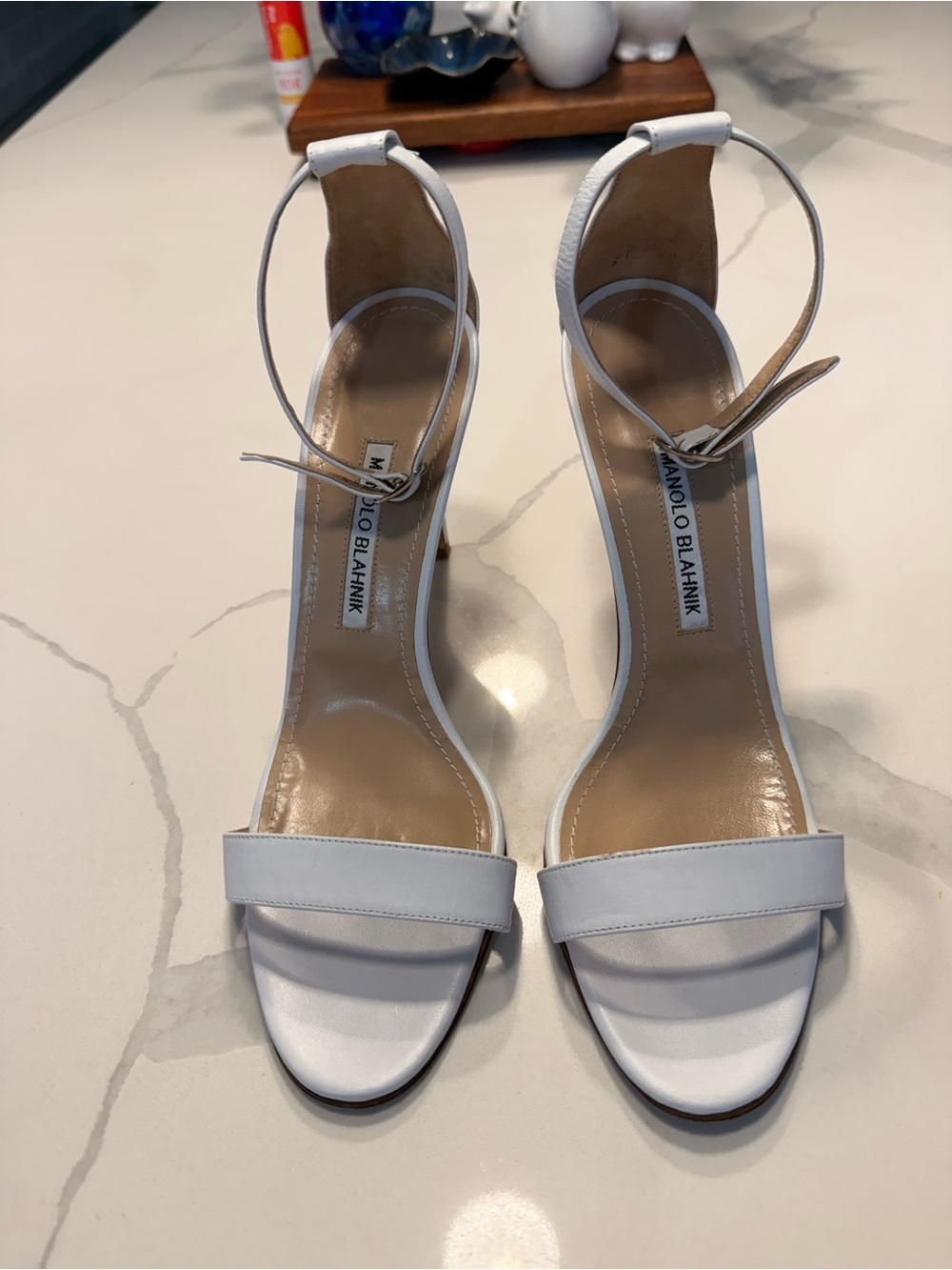 Manolo Blahnik White Leather Ankle-Strap Heels
